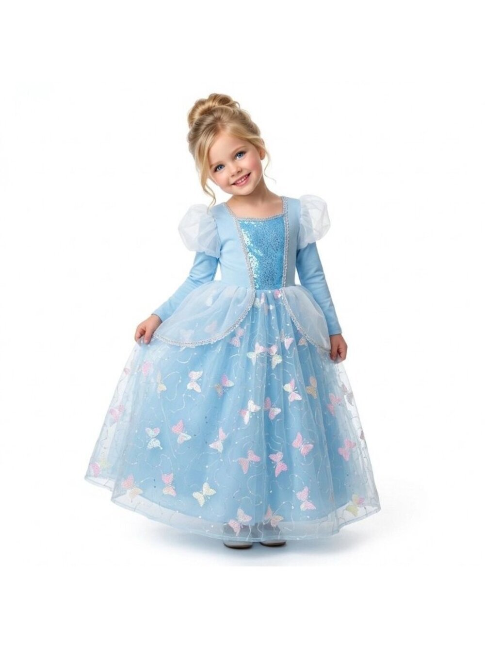Girls Cinderella Princess Costume Dress Ice Blue Sequin Tulle Butterfly Birthday